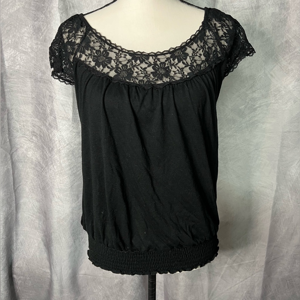 Xhiliaration Black Lace Illusion Women's Flutter Sleeve Top - Small - Picture 2 of 12
